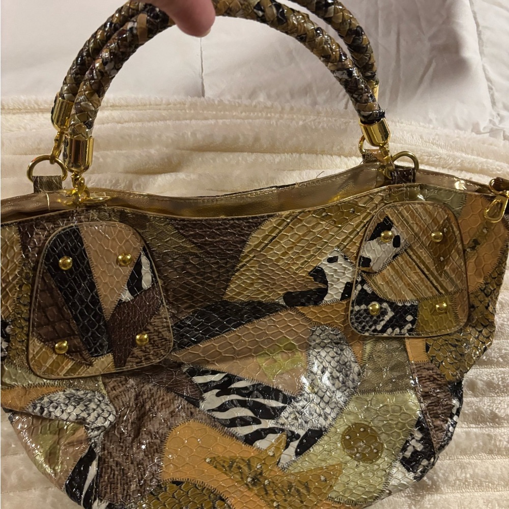 Braciano Gold and Tan Patchwork Snake-Embossed Tote - Picture 1 of 8